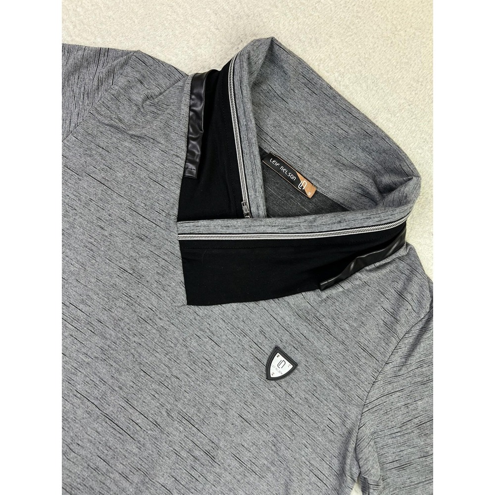 Leif Nelson Shirt Mens Small Gray Crossover Shawl‎ Collar Zip Trim Short Sleeve